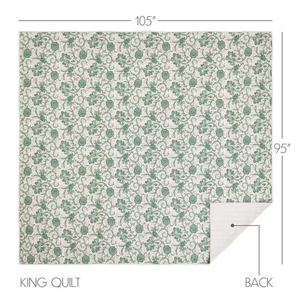 Dorset Green Floral King Quilt 105Wx95L 8pc Bundle (Quilt, Bed Skirt, Pillow Cases, Shams, Euro Shams)