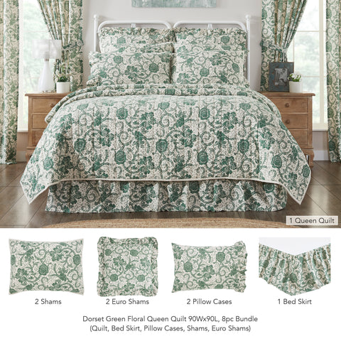 Dorset Green Floral Queen Quilt 90Wx90L 8pc Bundle (Quilt, Bed Skirt, Pillow Cases, Shams, Euro Shams)