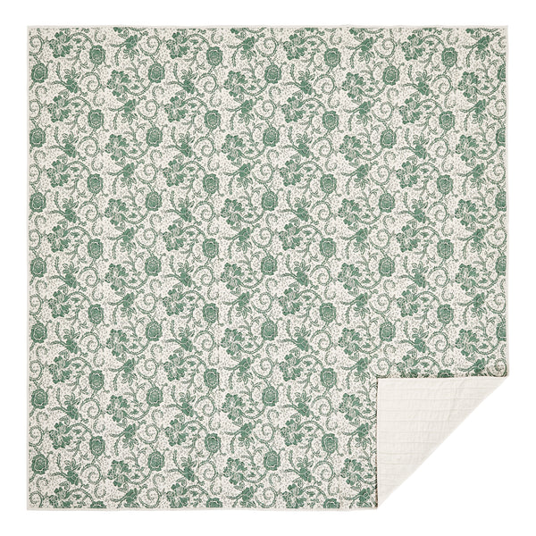 Dorset Green Floral Queen Quilt 90Wx90L 8pc Bundle (Quilt, Bed Skirt, Pillow Cases, Shams, Euro Shams)