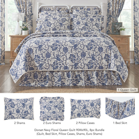 Dorset Navy Floral Queen Quilt 90Wx90L 8pc Bundle (Quilt, Bed Skirt, Pillow Cases, Shams, Euro Shams)