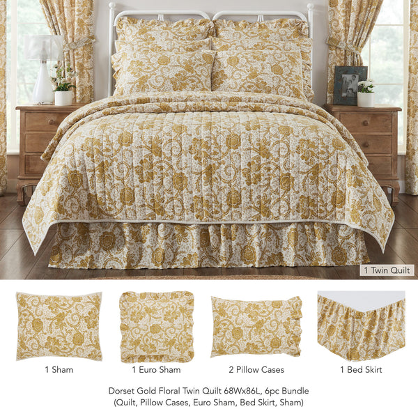 Dorset Gold Floral Twin Quilt 68Wx86L 6pc Bundle (Quilt, Bed Skirt, Pillow Cases, Sham, Euro Sham)