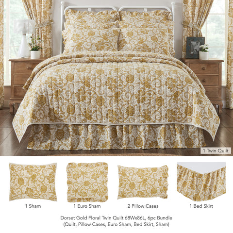 Dorset Gold Floral Twin Quilt 68Wx86L 6pc Bundle (Quilt, Bed Skirt, Pillow Cases, Sham, Euro Sham)