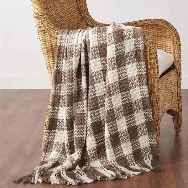 Cocoa Brown Woven Check Throw Blanket with Fringe 50x60