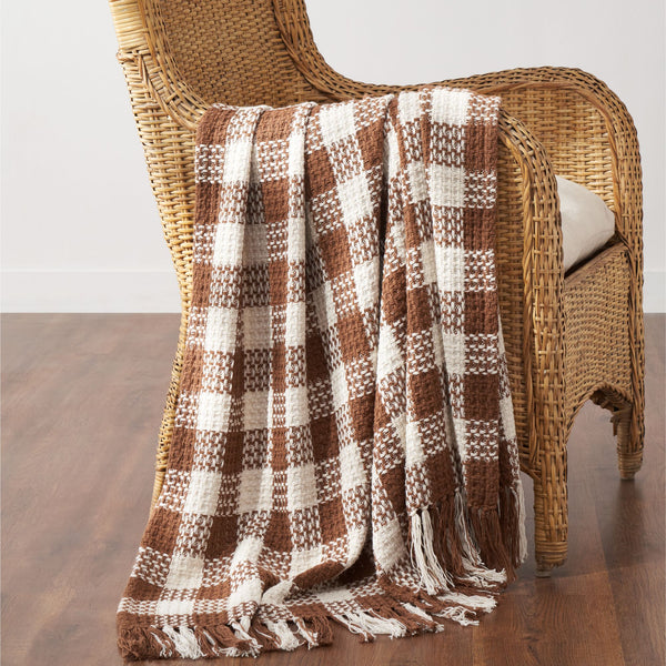 Dark Amber Woven Check Throw Blanket with Fringe 50x60