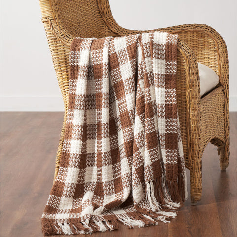 Dark Amber Woven Check Throw Blanket with Fringe 50x60