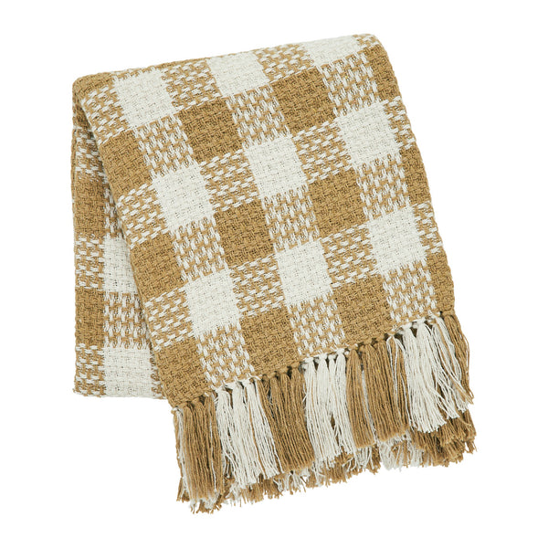 Golden Wheat Woven Check Throw Blanket with Fringe 50x60