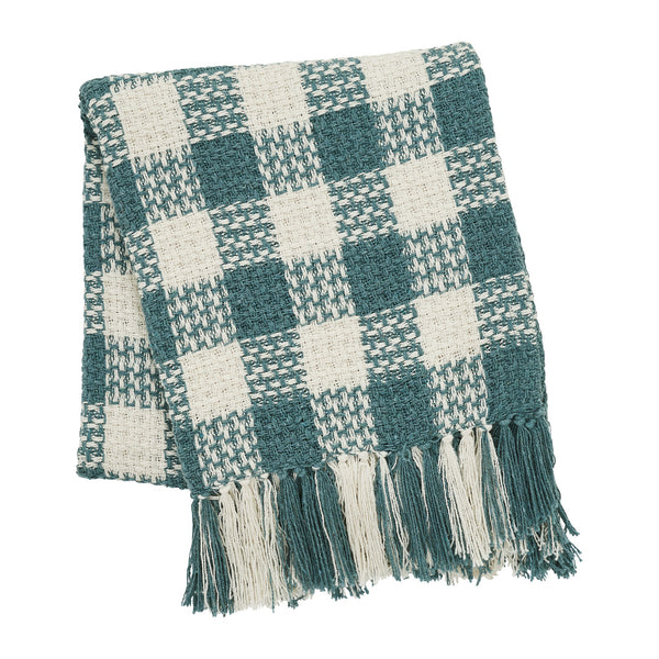 River Blue Woven Check Throw Blanket with Fringe 50x60