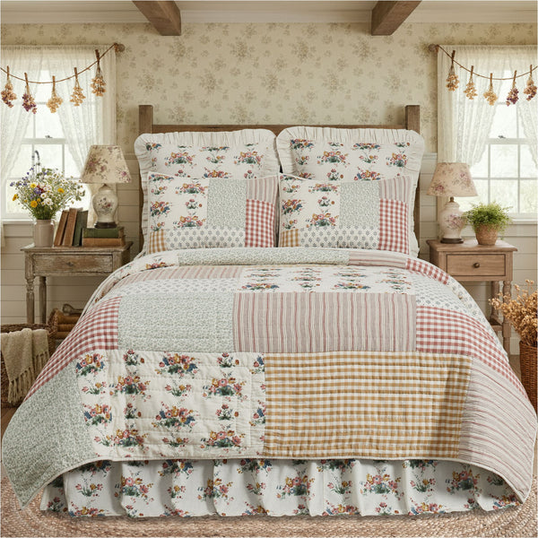 Rosehill Cottage Floral Gingham Patch Cotton King Quilt - 105x95 Dusty Rose & Natural Vintage Patchwork Bedding