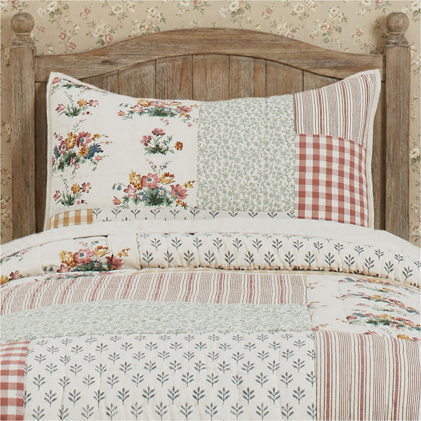 Rosehill Cottage Floral Patch Cotton Standard Sham - 20x26 Dusty Rose & Natural Vintage Patchwork Pillow Cover