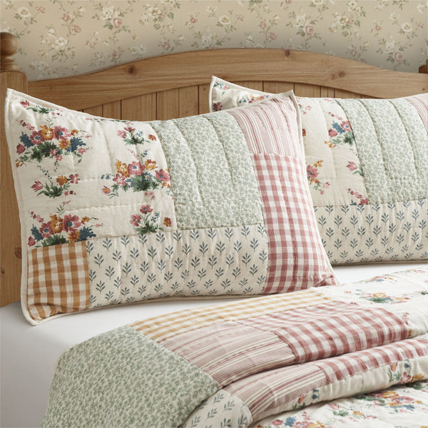Rosehill Cottage Floral Patch Cotton Standard Sham - 20x26 Dusty Rose & Natural Vintage Patchwork Pillow Cover