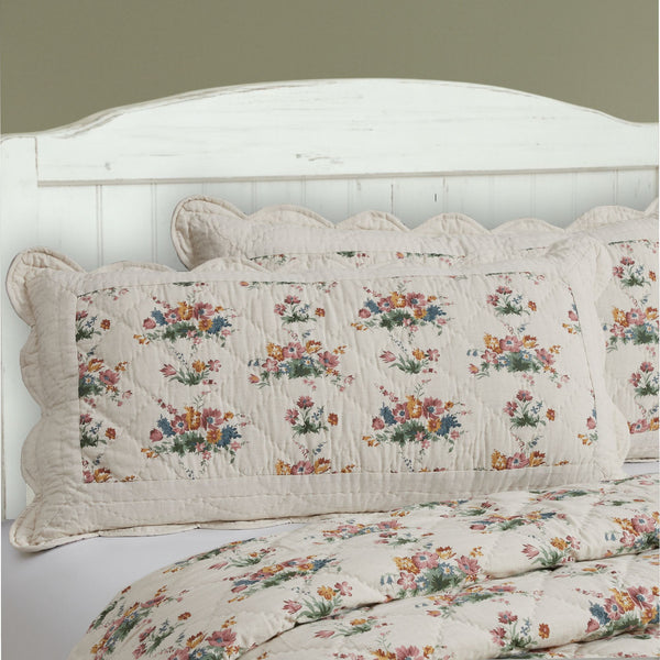 Rosehill Cottage king pillow sham with floral design in dusty rose and scalloped edges