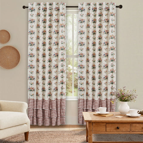 Rosehill Cottage Floral & Gingham Ruffled Cotton Curtain Panel Set - 40x84 Dusty Rose & Natural Window Drapes
