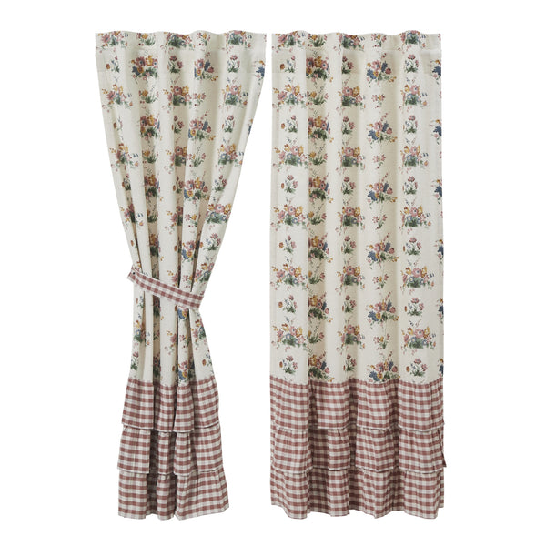 Rosehill Cottage Floral & Gingham Ruffled Cotton Curtain Panel Set - 40x84 Dusty Rose & Natural Window Drapes