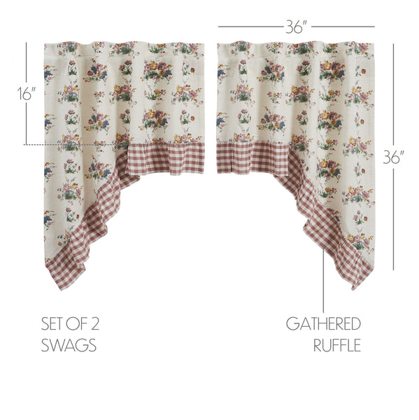 Rosehill Cottage Floral & Gingham Swag Curtain Set 36x36x16 | Dusty Rose Farmhouse Swag