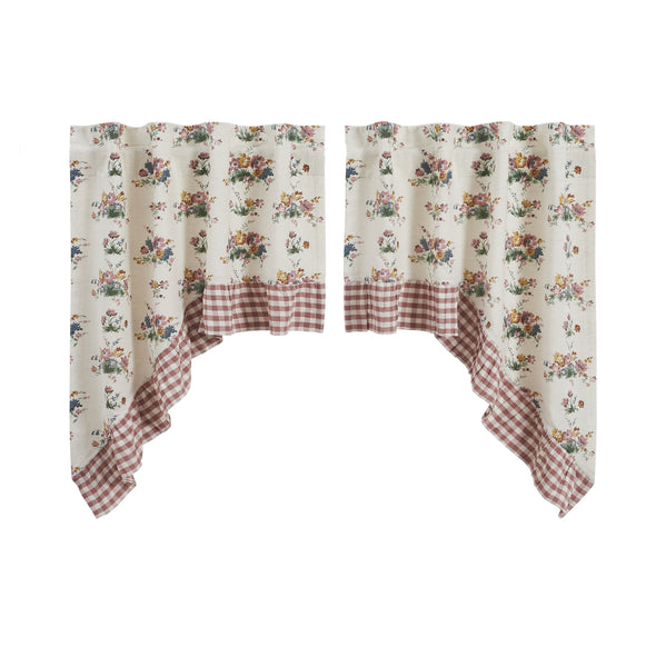 Rosehill Cottage Floral & Gingham Swag Curtain Set 36x36x16 | Dusty Rose Farmhouse Swag
