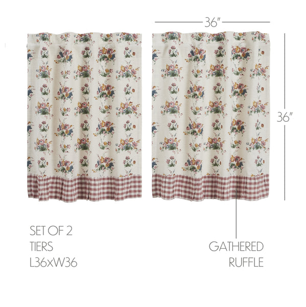 Rosehill Cottage Floral & Gingham Ruffled Cotton Tier Curtain Set - 36x36 Dusty Rose & Natural Cafe Curtains