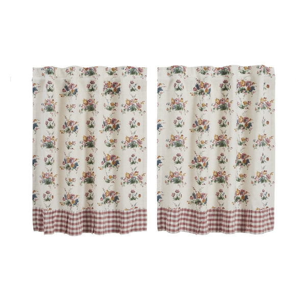 Rosehill Cottage Floral & Gingham Ruffled Cotton Tier Curtain Set - 36x36 Dusty Rose & Natural Cafe Curtains