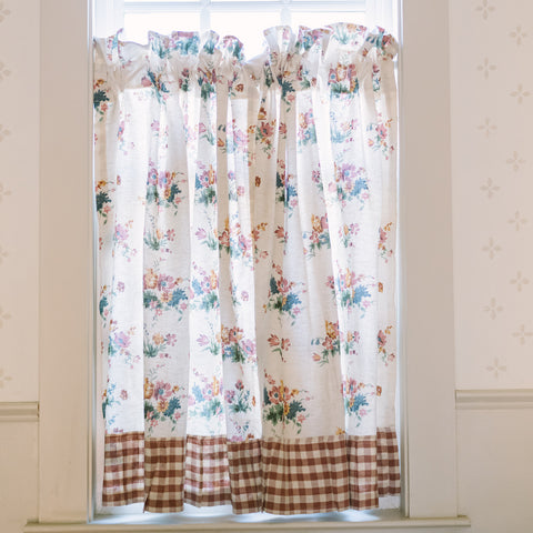 Rosehill Cottage Floral & Gingham Ruffled Cotton Tier Curtain Set - 36x36 Dusty Rose & Natural Cafe Curtains