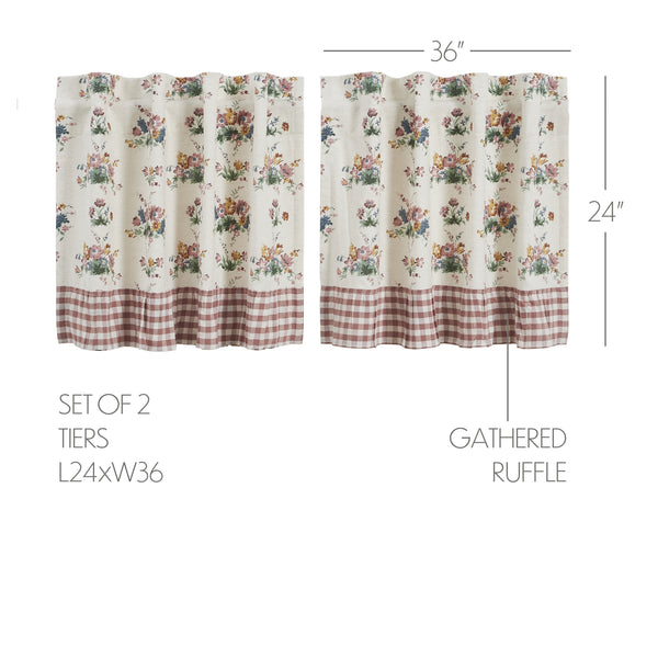 Rosehill Cottage Floral & Gingham Ruffled Cotton Tier Set - 24x36 Dusty Rose & Natural Cafe Curtain