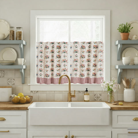 Rosehill Cottage Floral & Gingham Ruffled Cotton Tier Set - 24x36 Dusty Rose & Natural Cafe Curtain