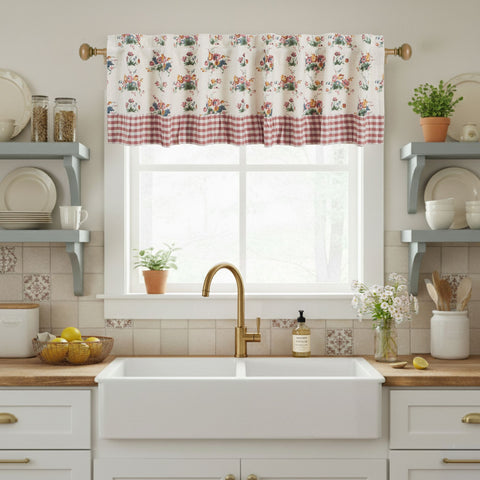 Rosehill Cottage Floral & Gingham Ruffled Cotton Window Valance - 19x72 Dusty Rose & Natural Valance