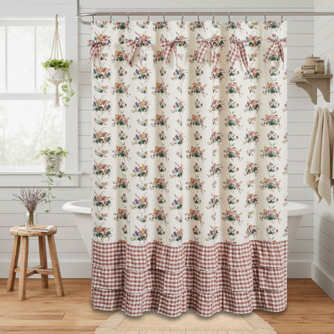 Rosehill Cottage Floral & Gingham Ruffled Cotton Shower Curtain - 72x72 Dusty Rose & Natural Bathroom Decor