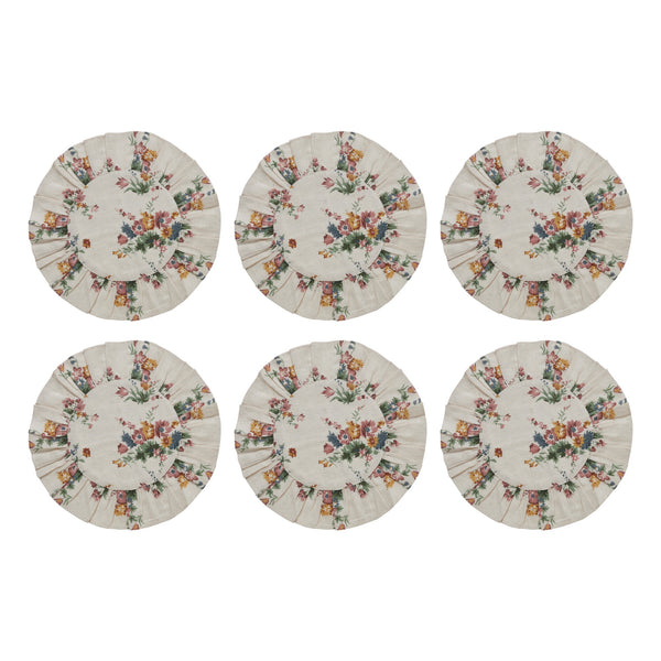Rosehill Cottage Floral Round Ruffled Cotton Placemats - Set of 6 - 15 inch Dusty Rose & Natural Table Mats