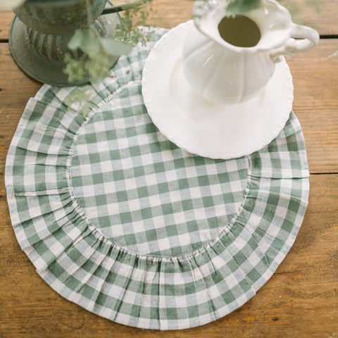 Rosehill Cottage Green Gingham Round Ruffled Cotton Placemats - Set of 6 - 15in Green & Natural Table Mats