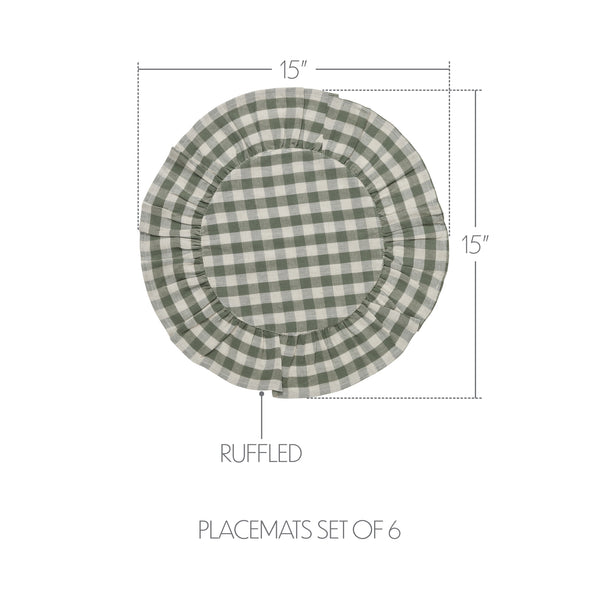 Rosehill Cottage Green Gingham Round Ruffled Cotton Placemats - Set of 6 - 15in Green & Natural Table Mats