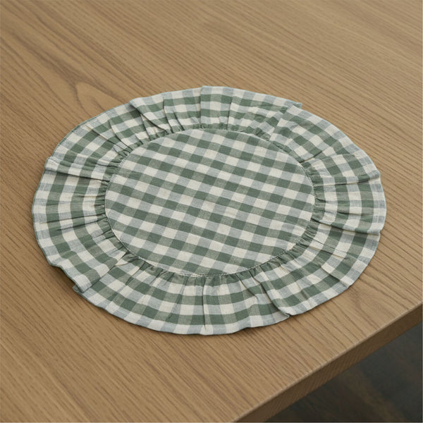 Rosehill Cottage Green Gingham Round Ruffled Cotton Placemats - Set of 6 - 15in Green & Natural Table Mats