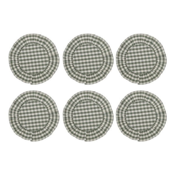 Rosehill Cottage Green Gingham Round Ruffled Cotton Placemats - Set of 6 - 15in Green & Natural Table Mats