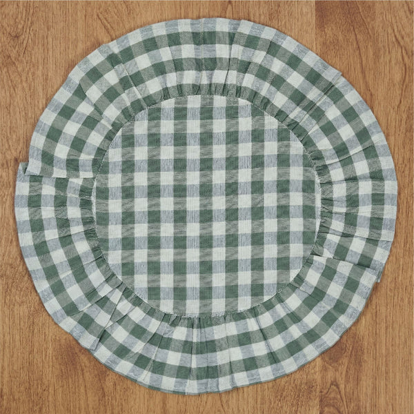 Rosehill Cottage Green Gingham Round Ruffled Cotton Placemats - Set of 6 - 15in Green & Natural Table Mats