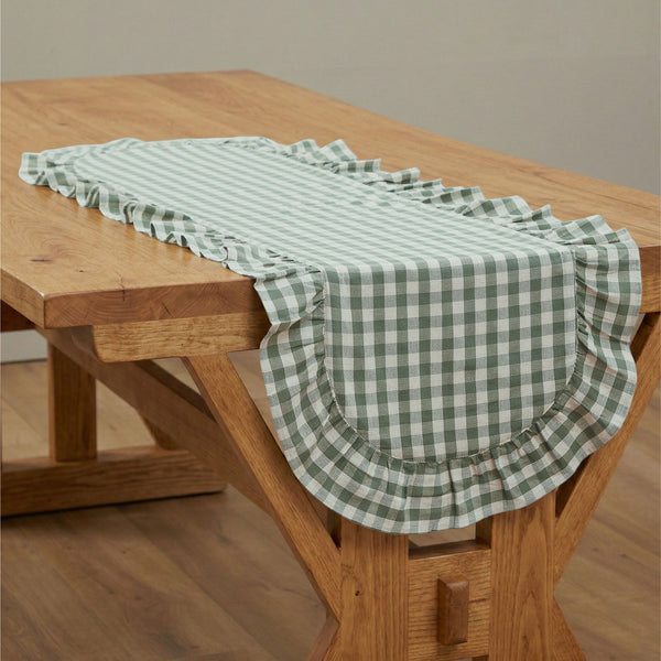 Rosehill Cottage Green Gingham Ruffled Cotton Table Runner - 12x48 Green & Natural Table Runner