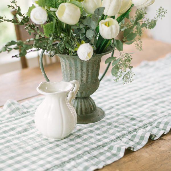 Rosehill Cottage Green Gingham Ruffled Cotton Table Runner - 12x72 Green & Natural Oval Runner