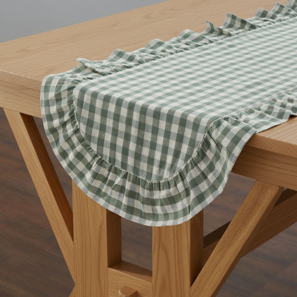 Rosehill Cottage Green Gingham Ruffled Cotton Table Runner - 12x72 Green & Natural Oval Runner