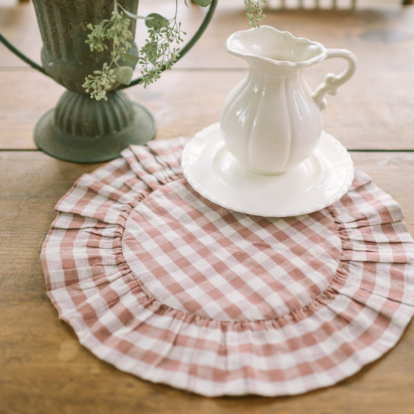 Rosehill Cottage Dusty Rose Gingham Round Ruffled Cotton Placemats - Set of 6 - 15in Pink & Natural Table Mats