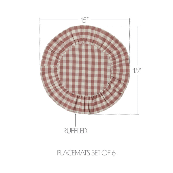 Rosehill Cottage Dusty Rose Gingham Round Ruffled Cotton Placemats - Set of 6 - 15in Pink & Natural Table Mats