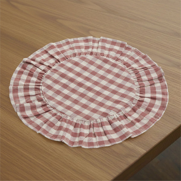 Rosehill Cottage Dusty Rose Gingham Round Ruffled Cotton Placemats - Set of 6 - 15in Pink & Natural Table Mats