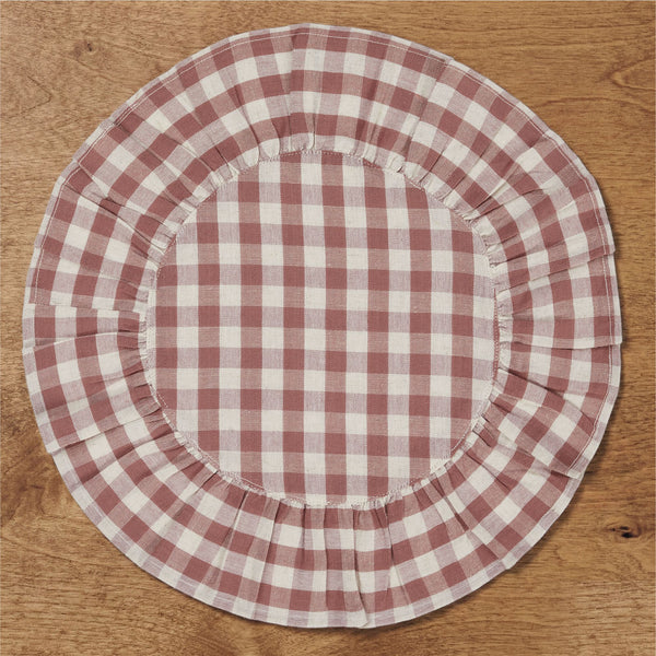 Rosehill Cottage Dusty Rose Gingham Round Ruffled Cotton Placemats - Set of 6 - 15in Pink & Natural Table Mats