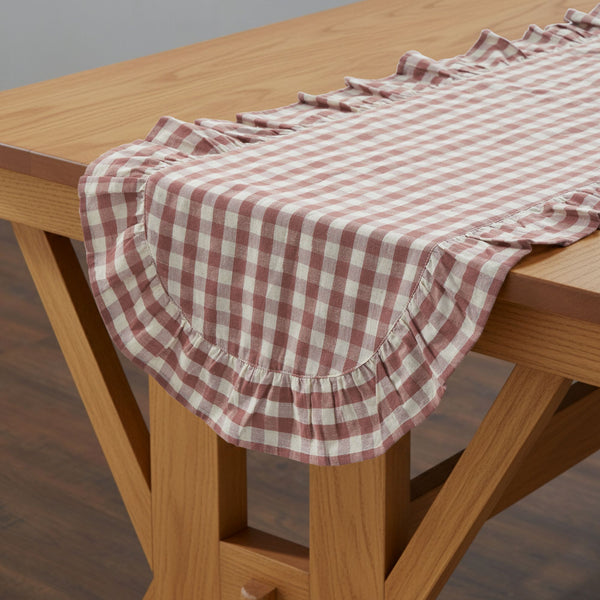 Rosehill Cottage Dusty Rose Gingham Ruffled Cotton Table Runner - 12x48 Pink & Natural Oval Runner