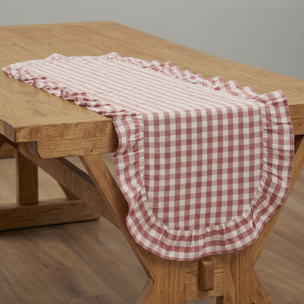 Rosehill Cottage Dusty Rose Gingham Ruffled Cotton Table Runner - 12x48 Pink & Natural Oval Runner
