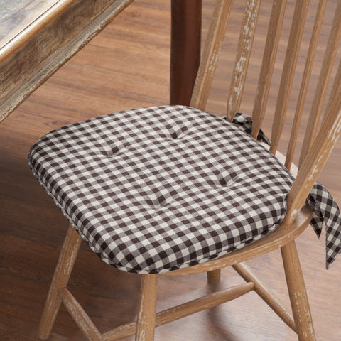 Coffee Brown Gingham Chair Pad with Ties - 15.5x17 Rustic Farmhouse Seat Cushion