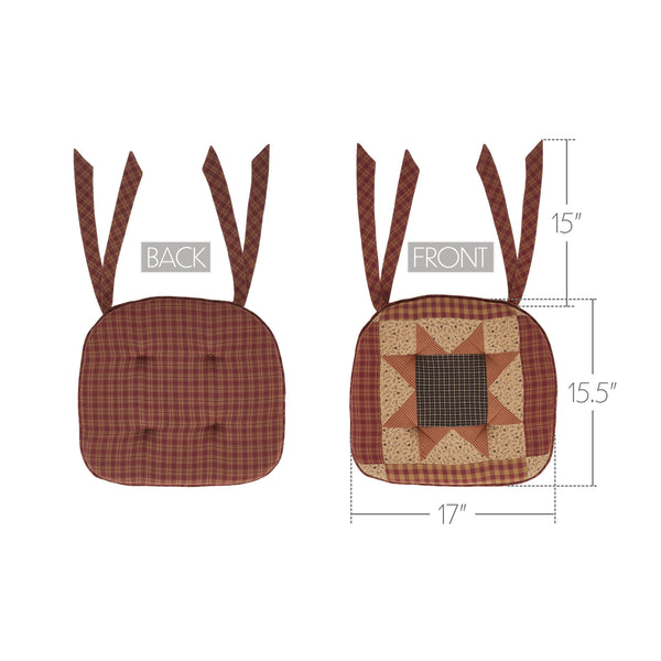 Maisie Burgundy Black Tan Check Patchwork Cotton Chair Pad - 15.5x17 Cushioned Seat Cushion - VHC Brands