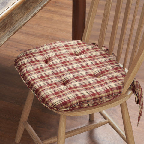 Beckham Red Black Tan Plaid Chair Pad with Ties - 15.5x17 Rustic Farmhouse Stuffed Seat Cushion