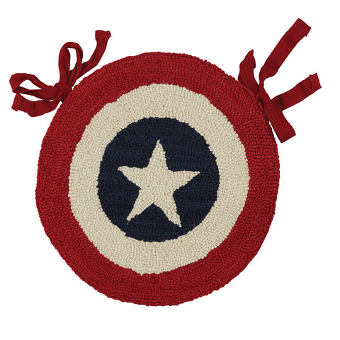 This Americana Star Hooked Chairpad features the stunning red, white, and blue colors and stars of our beloved American Flag! Simply beautiful!  Pair with Americana Hooked Half Circle Rug to complete the look (sold separately)