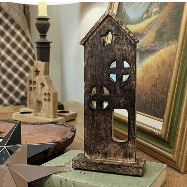 Dark Brown Primitive Wooden Saltbox House Decor with Star - 11.5"
