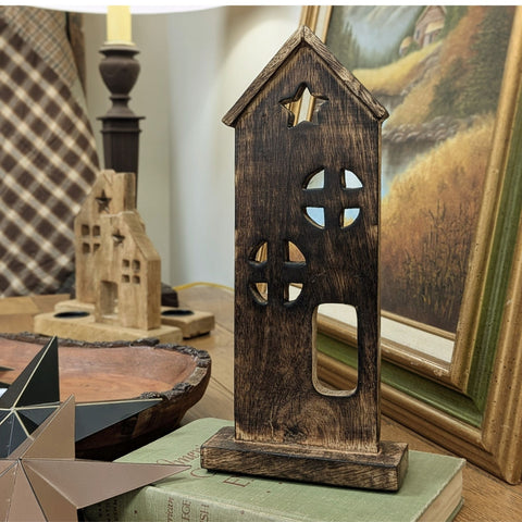 Dark Brown Primitive Wooden Saltbox House Decor with Star - 11.5"