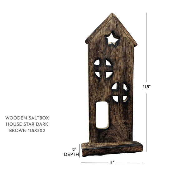 Dark Brown Primitive Wooden Saltbox House Decor with Star - 11.5"