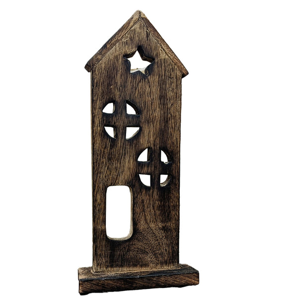 Dark Brown Primitive Wooden Saltbox House Decor with Star - 11.5"