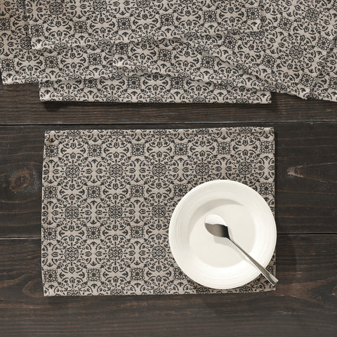 Custom House black and tan jacquard placemat with woven medallion pattern from VHC Brands